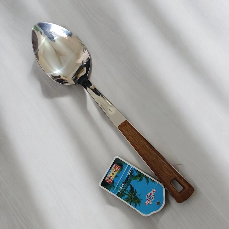 Picture of Silver Long Rice Spoon – 10-Inch Stainless Steel – Wooden Color Plastic Cover Handle – Ideal for Cooking and Serving – Mirror Polish, Non-Magnetic – 1 Piece-Silver