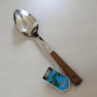 Picture of Silver Long Rice Spoon – 10-Inch Stainless Steel – Wooden Color Plastic Cover Handle – Ideal for Cooking and Serving – Mirror Polish, Non-Magnetic – 1 Piece-Silver