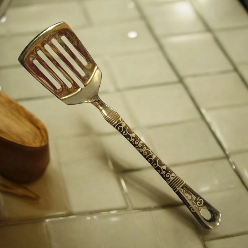 Picture of 10-Inch Stainless Steel Slotted Turner Spoon – Golden – Cooking and Serving – Mirror Polish & Laser-Printed Handle – 1 Piece-Gold