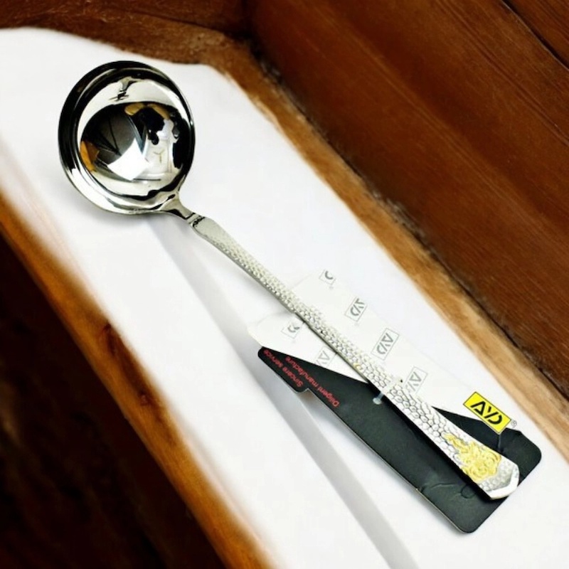 Picture of 11.5 Inch Silver Soup Serving Spoon - Stainless Steel, Mirror Polish, Non-Magnetic, with Elegant Golden Handle-Silver