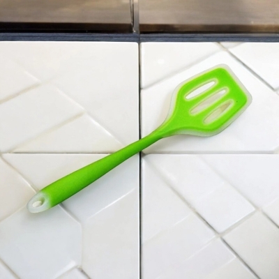 Picture of 12-Inch Multicolor Silicone Cooking Spoon - Non-Stick Slotted Turner Spatula, Full Silicone Construction, High Heat Resistant - Ideal for Non-Stick Pots - 1 Piece-Green