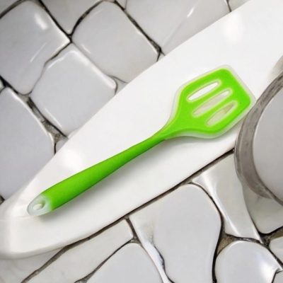 Picture of 12-Inch Multicolor Silicone Cooking Spoon - Non-Stick Slotted Turner Spatula, Full Silicone Construction, High Heat Resistant - Ideal for Non-Stick Pots - 1 Piece-Green
