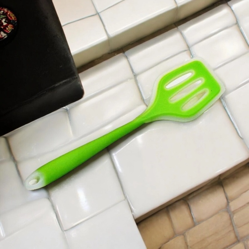 Picture of 12-Inch Multicolor Silicone Cooking Spoon - Non-Stick Slotted Turner Spatula, Full Silicone Construction, High Heat Resistant - Ideal for Non-Stick Pots - 1 Piece-Green
