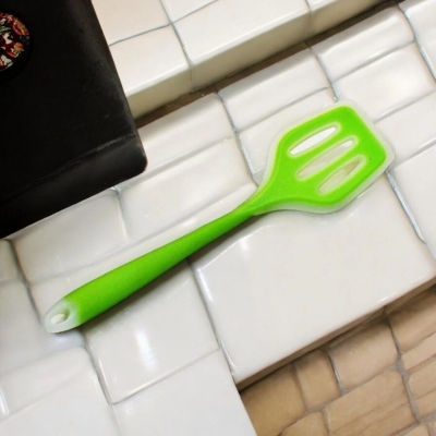 Picture of 12-Inch Multicolor Silicone Cooking Spoon - Non-Stick Slotted Turner Spatula, Full Silicone Construction, High Heat Resistant - Ideal for Non-Stick Pots - 1 Piece-Green