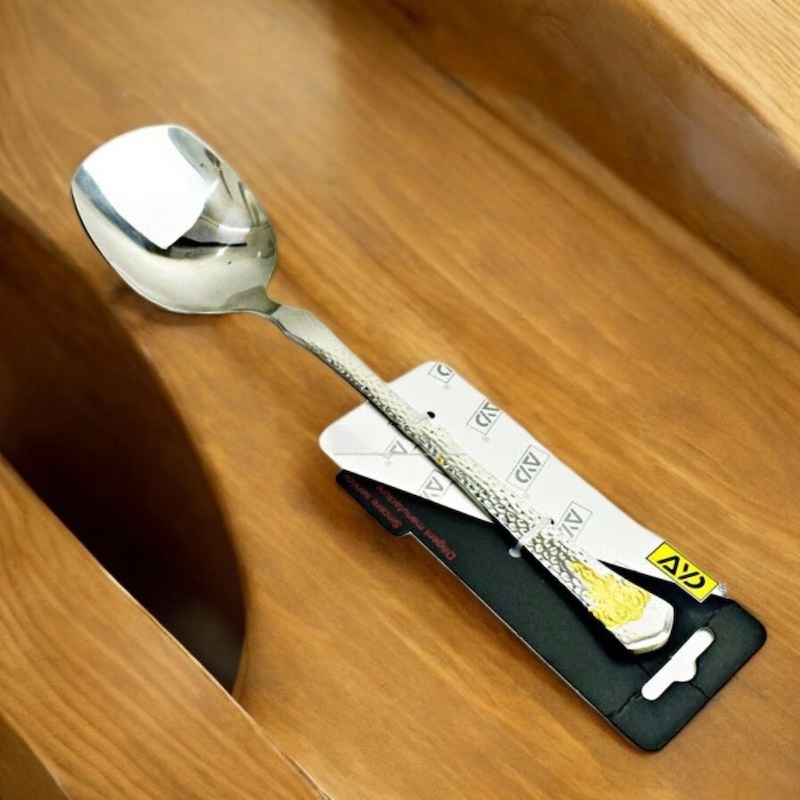 Picture of 10 Inch Silver Curry Serving Spoon - Stainless Steel, Mirror Polish, Non-Magnetic, with Elegant Golden Handle-Silver