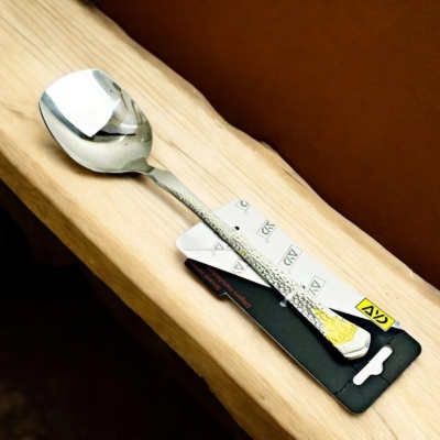 Picture of 10 Inch Silver Curry Serving Spoon - Stainless Steel, Mirror Polish, Non-Magnetic, with Elegant Golden Handle-Silver