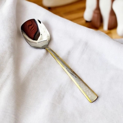 Picture of Stainless Steel Curry Spoon - 9.7 Inch with Mirror Polish Finish and Golden Handle, Ideal for Everyday Meals-Silver