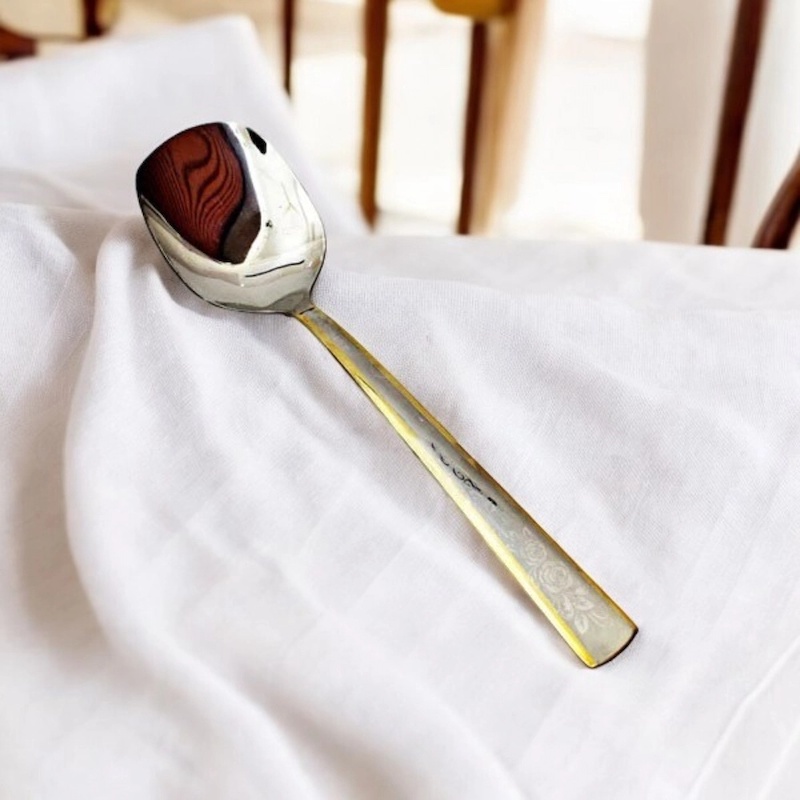 Picture of Stainless Steel Curry Spoon - 9.7 Inch with Mirror Polish Finish and Golden Handle, Ideal for Everyday Meals-Silver