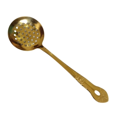 Picture of Stylish 10 Inch Round Slotted Kitchen Spoon, Golden Stainless Steel. Mirror Polish, Perfect for Cooking and Serving.-Gold