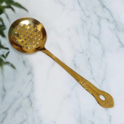 Picture of Stylish 10 Inch Round Slotted Kitchen Spoon, Golden Stainless Steel. Mirror Polish, Perfect for Cooking and Serving.-Gold