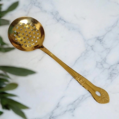 Picture of Stylish 10 Inch Round Slotted Kitchen Spoon, Golden Stainless Steel. Mirror Polish, Perfect for Cooking and Serving.-Gold