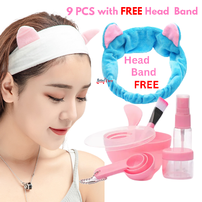 Picture of 9Pcs/set DIY Facial Mask Bowl Beauty Tools Kit Brush Spoon Stick Spray Bottle Sponge Homemade Makeup Tool Facemask Mixing Tool Kit with FREE  Face Wash ,Spa Headband (Multicolor)