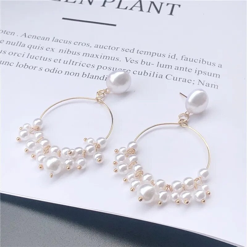 Picture of New Female Flower Long Pearl Tassel Clip Earrings GALPADA 2 Pairs earrings pearl earrings pearl earring Hoop Drop Earrings Pearl Circle Pendant Earrings Fashion Earrings Ear Pins Dangle Earrings Ear Jewelry Decor thin face