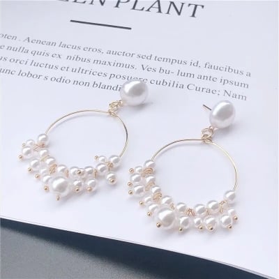 Picture of New Female Flower Long Pearl Tassel Clip Earrings GALPADA 2 Pairs earrings pearl earrings pearl earring Hoop Drop Earrings Pearl Circle Pendant Earrings Fashion Earrings Ear Pins Dangle Earrings Ear Jewelry Decor thin face
