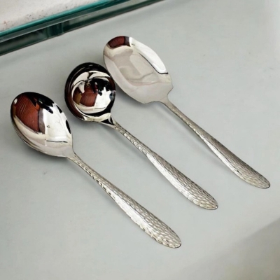Picture of 3-Piece Serving Spoon Set - Stainless Steel, Includes Big Rice Spoon, Big Soup Spoon, Rice Spoon, Mirror Polish, Non-Magnetic, Silver with Golden Design, Perfect for Cooking and Serving-Silver