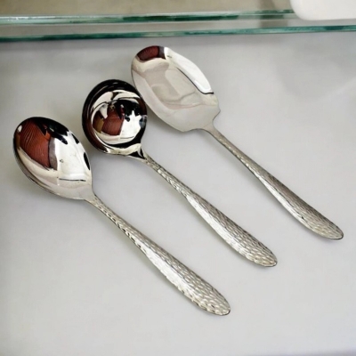 Picture of 3-Piece Serving Spoon Set - Stainless Steel, Includes Big Rice Spoon, Big Soup Spoon, Rice Spoon, Mirror Polish, Non-Magnetic, Silver with Golden Design, Perfect for Cooking and Serving-Silver