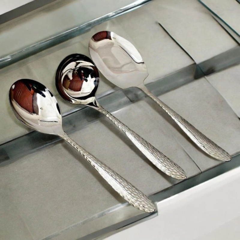 Picture of 3-Piece Serving Spoon Set - Stainless Steel, Includes Big Rice Spoon, Big Soup Spoon, Rice Spoon, Mirror Polish, Non-Magnetic, Silver with Golden Design, Perfect for Cooking and Serving-Silver