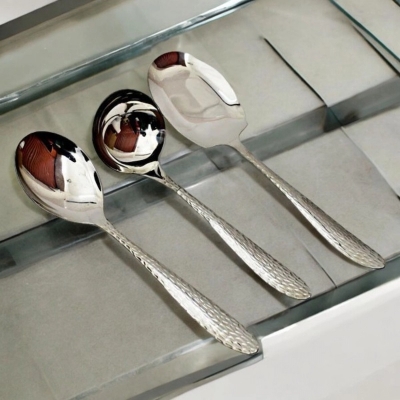 Picture of 3-Piece Serving Spoon Set - Stainless Steel, Includes Big Rice Spoon, Big Soup Spoon, Rice Spoon, Mirror Polish, Non-Magnetic, Silver with Golden Design, Perfect for Cooking and Serving-Silver