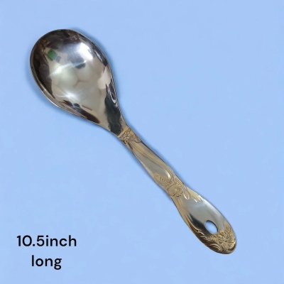 Picture of 10 Inch Silver Stainless Steel Rice Spoon - Mirror Polish, Golden Cutting Print Handle-Silver
