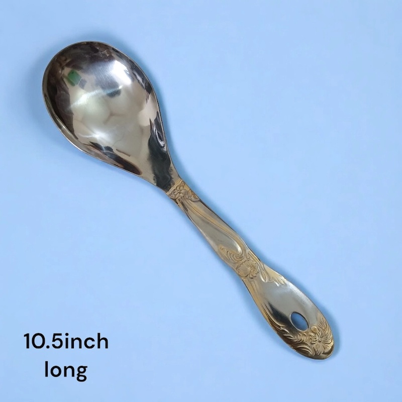 Picture of 10 Inch Silver Stainless Steel Rice Spoon - Mirror Polish, Golden Cutting Print Handle-Silver