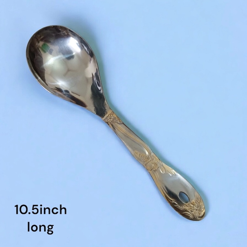 Picture of 10 Inch Silver Stainless Steel Rice Spoon - Mirror Polish, Golden Cutting Print Handle-Silver