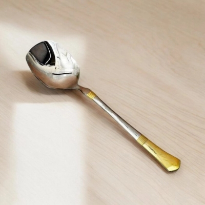 Picture of 10.3 Inch Silver Serving Spoon - Stainless Steel Curry Spoon with Mirror Polish and Golden Handle-Silver