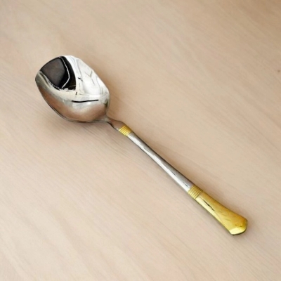 Picture of 10.3 Inch Silver Serving Spoon - Stainless Steel Curry Spoon with Mirror Polish and Golden Handle-Silver