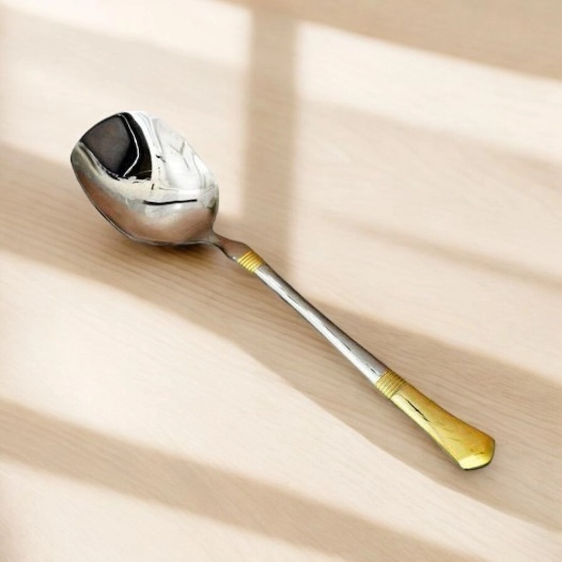 Picture of 10.3 Inch Silver Serving Spoon - Stainless Steel Curry Spoon with Mirror Polish and Golden Handle-Silver