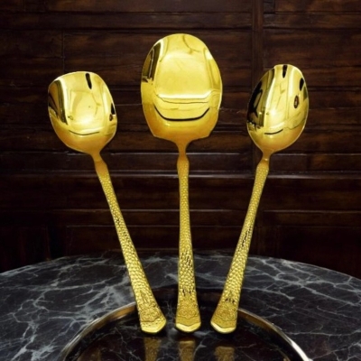 Picture of 3-Piece Set  Stainless Steel 12 Inch Spoons - Mirror Polish, Non-Magnetic, Golden Design, Includes Big Rice Spoon, Curry Serving Spoon, Flat Turner Spoon-Gold