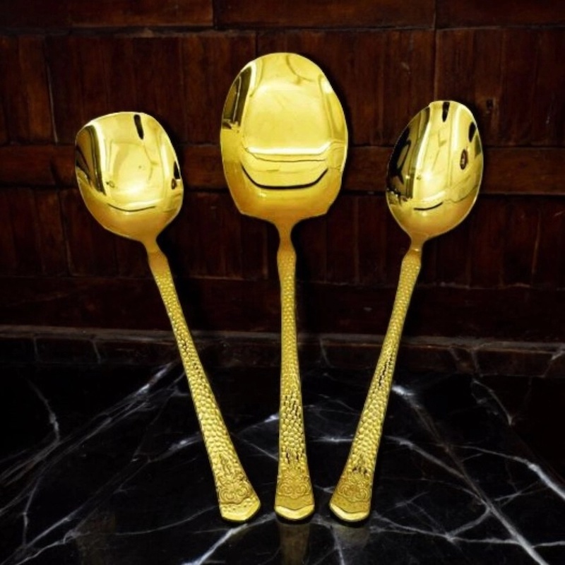 Picture of 3-Piece Set  Stainless Steel 12 Inch Spoons - Mirror Polish, Non-Magnetic, Golden Design, Includes Big Rice Spoon, Curry Serving Spoon, Flat Turner Spoon-Gold