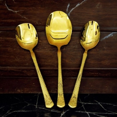 Picture of 3-Piece Set  Stainless Steel 12 Inch Spoons - Mirror Polish, Non-Magnetic, Golden Design, Includes Big Rice Spoon, Curry Serving Spoon, Flat Turner Spoon-Gold