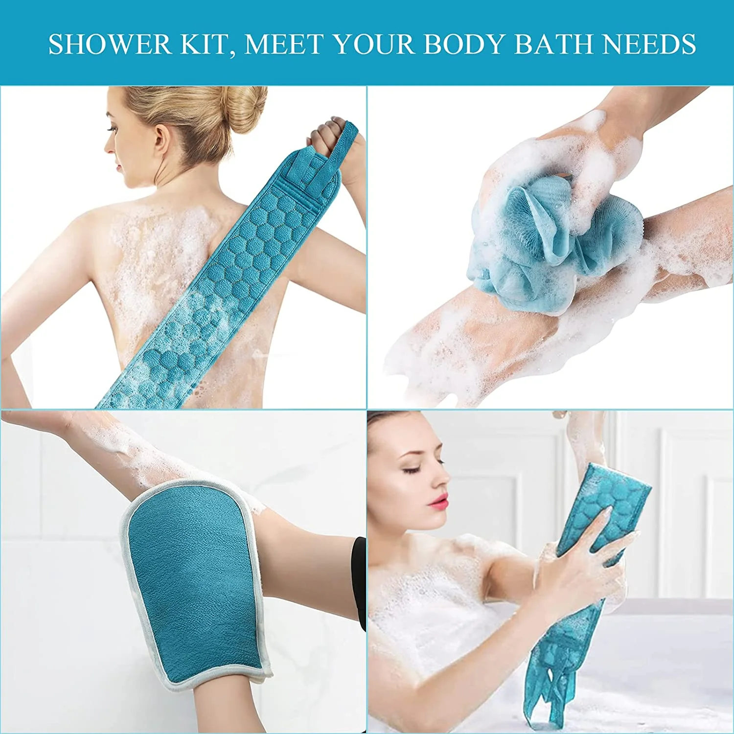 Picture of LOZOX Exfoliating Body Scrubber Shower Set - 3pcs, Back Scrubber, Sponge Pad & Loofah Mesh Bath Pouf for Men Women Shower Bath, Sensitive, Delicate, Dry Skin. Reusable(Loofah Set)