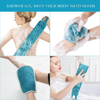 Picture of LOZOX Exfoliating Body Scrubber Shower Set - 3pcs, Back Scrubber, Sponge Pad & Loofah Mesh Bath Pouf for Men Women Shower Bath, Sensitive, Delicate, Dry Skin. Reusable(Loofah Set)