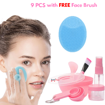 Picture of DIY Facemask Mixing Tool Kit with Big Volume Bowl Spatula Brush Spray Bottle Puff Soaking Bottle Gauges Pack of 9pcs tool set WITH Silicone Facial Cleansing Brush, Soft Face ScrubberBrush, Blackhead Acne Pore Pad - Face Exfoliator & Deep Cleaning(MULTICOL