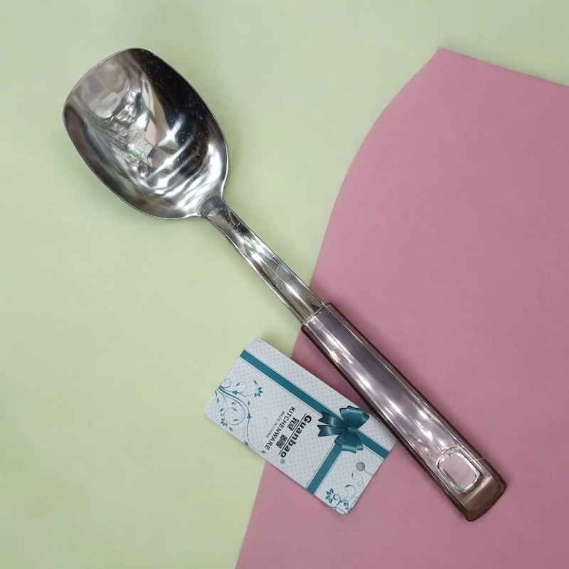 Picture of 10 Inch Silver Turner Spoon - Stainless Steel, Mirror Polish, Non-Magnetic with Comfortable Plastic Handle Cover-Silver