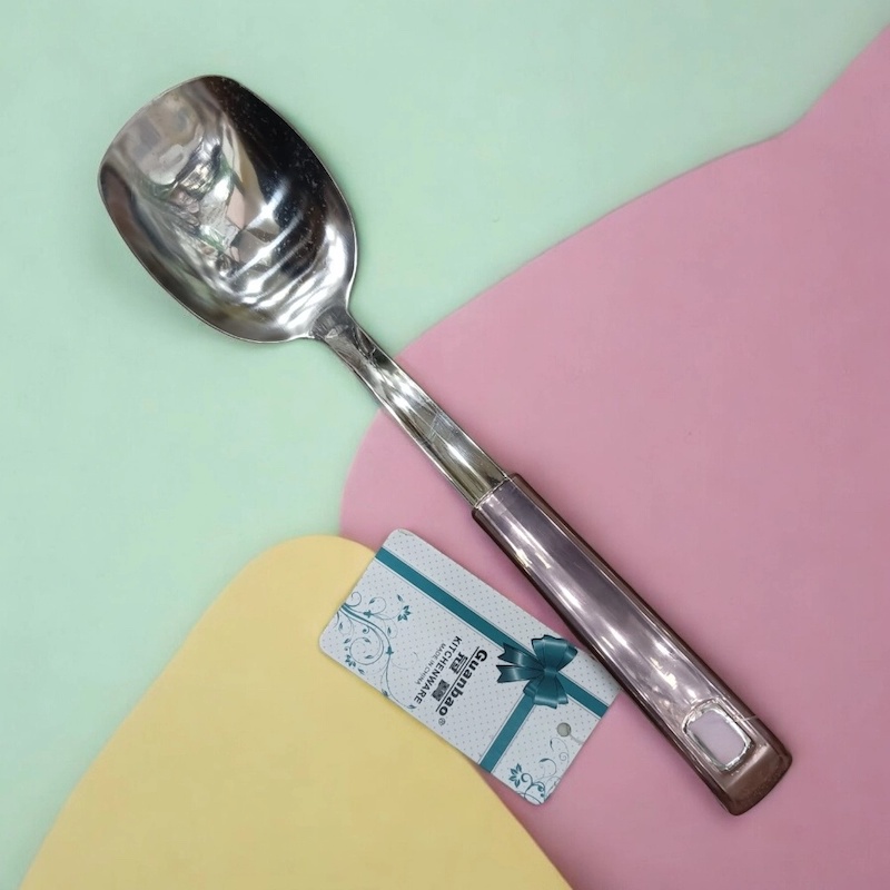Picture of 10 Inch Silver Turner Spoon - Stainless Steel, Mirror Polish, Non-Magnetic with Comfortable Plastic Handle Cover-Silver