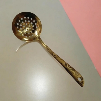 Picture of 10-inch Stainless Steel Slotted Spoon – Golden – Cooking and Serving – Mirror Polish & Laser-Printed Handle – 1 Piece-Gold