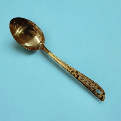 Picture of 10 Inch Golden Stainless Steel Serving Spoon, Mirror Polish. Ideal for Cooking and Serving, Equipped with a Laser-Printed Handle for Comfort.-Gold