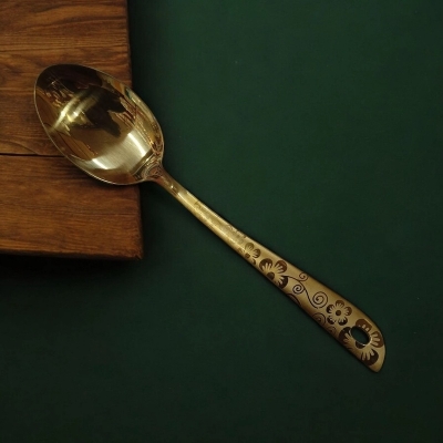 Picture of 10 Inch Golden Stainless Steel Serving Spoon, Mirror Polish. Ideal for Cooking and Serving, Equipped with a Laser-Printed Handle for Comfort.-Gold