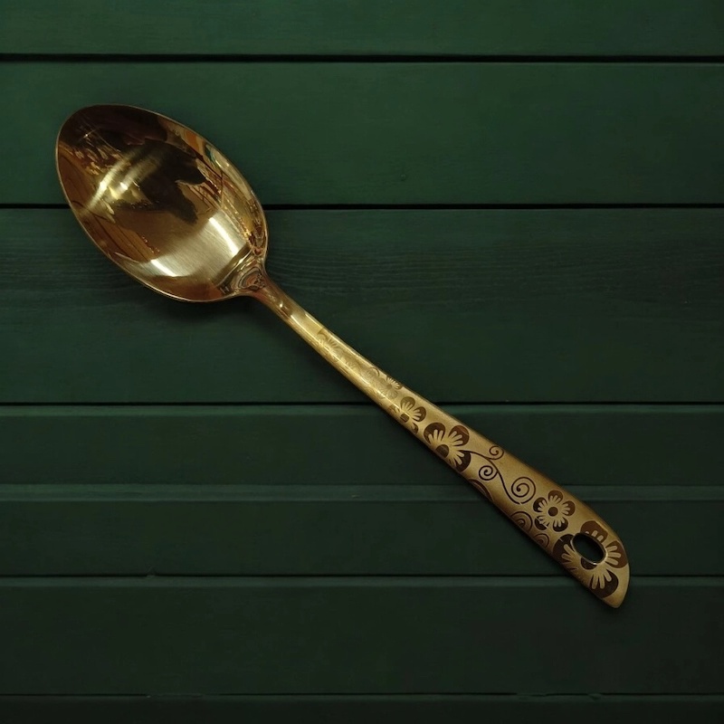 Picture of 10 Inch Golden Stainless Steel Serving Spoon, Mirror Polish. Ideal for Cooking and Serving, Equipped with a Laser-Printed Handle for Comfort.-Gold