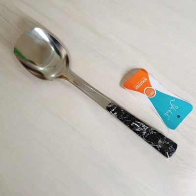 Picture of 10 Inch Solid Turner Spoon, Silver Stainless Steel, Non-Magnetic. Elegant Marble Stone Black Color Cover Plastic Handle. Perfect for Cooking and Serving, Effortless Handling in Any Kitchen.-Silver