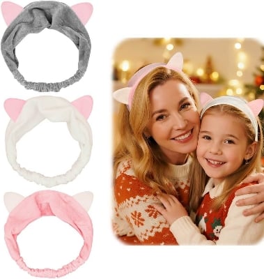 Picture of 3 Pack Dreamlover Elastic Velvet Cat Ear Headband, Adorable and Comfortable Cat Ear Hair band, Makeup Cosmetic Facial Cleansing Beauty Headband for Girls and Women