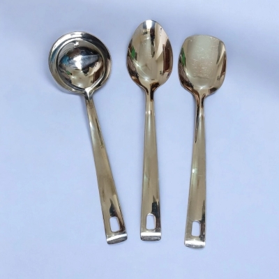 Picture of Set of 3 Kitchen Spoons  10 Inch Solid Turner, Big Soup, and Serving Spoons, Stainless Steel, Silver. Non-Magnetic with Mirror Polish, Ideal for Cooking and Serving.-Silver