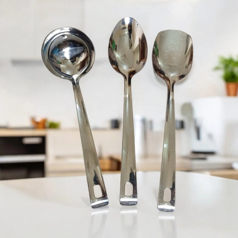 Picture of Set of 3 Kitchen Spoons  10 Inch Solid Turner, Big Soup, and Serving Spoons, Stainless Steel, Silver. Non-Magnetic with Mirror Polish, Ideal for Cooking and Serving.-Silver