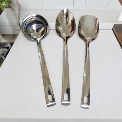 Picture of Set of 3 Kitchen Spoons  10 Inch Solid Turner, Big Soup, and Serving Spoons, Stainless Steel, Silver. Non-Magnetic with Mirror Polish, Ideal for Cooking and Serving.-Silver
