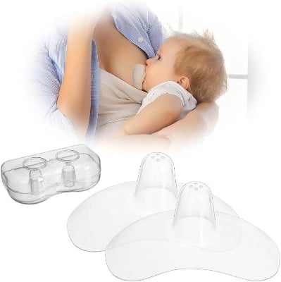 Picture of 2 Piece Nipple Shields Breastfeeding Nipple Shell Guards for Nursing Newborn Baby, Free Reusable Soft Silicone for Breastfeeding with Latch Difficulties or Flat or Inverted Nipples with  Carrying Box