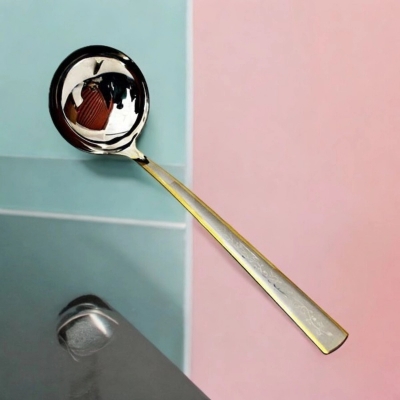 Picture of Durable and Elegant 10.7 Inch Big Rice Spoon - Stainless Steel, Mirror Polish, Non-Magnetic, Silver with Golden Design, Perfect for Cooking and Serving, Ideal for Home and Professional Kitchens, Single Piece-Silver