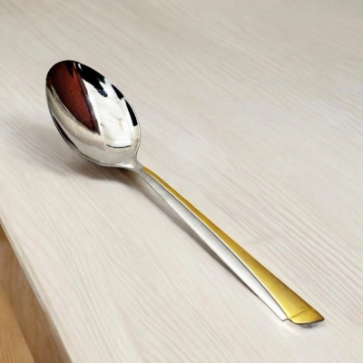 Picture of 10.2 Inch Stainless Steel Spoon - Curry Serving, Mirror Polish, Non-Magnetic, Silver with Golden Mix, Elegant Design, Ideal for Cooking and Serving, Single Piece-Silver