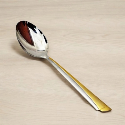 Picture of 10.2 Inch Stainless Steel Spoon - Curry Serving, Mirror Polish, Non-Magnetic, Silver with Golden Mix, Elegant Design, Ideal for Cooking and Serving, Single Piece-Silver