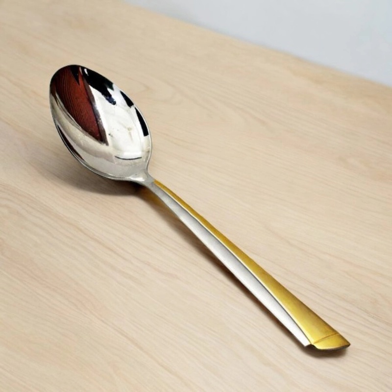 Picture of 10.2 Inch Stainless Steel Spoon - Curry Serving, Mirror Polish, Non-Magnetic, Silver with Golden Mix, Elegant Design, Ideal for Cooking and Serving, Single Piece-Silver
